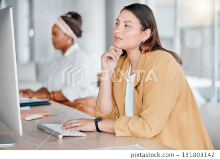 Thinking, computer and business woman typing in office, working on email or project. Ideas, solution and female employee contemplating, planning and research report while reading information online. Thinking, computer and business woman typing in office, working on email or project. Ideas, solution and female employee contemplating, planning and research report while reading information online. 131803142