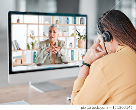 Headache, computer video call and woman in call center feeling pain, tired or sick. Telemarketing, mental health and female sales agent with depression, stress or migraine on online meeting in office Headache, computer video call and woman in call center feeling pain, tired or sick. Telemarketing, mental health and female sales agent with depression, stress or migraine on online meeting in office 131803145