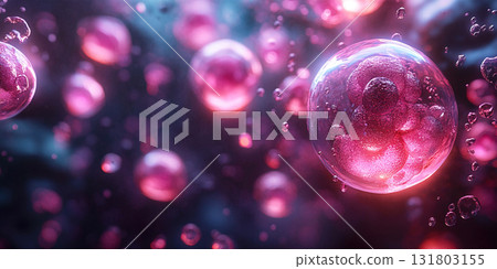 Light pink reproduction cells seen under a microscope on a dark background. Header banner mockup with copy space. 131803155