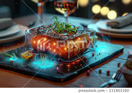 Juicy beef steak in virtual restaurant menu, modern technology of business of digital online service internet. Juicy beef steak in virtual restaurant menu, modern technology of business of digital online service internet. 131803160