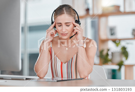 Stress, headache and burnout woman in call center feeling pain, tired or exhausted. Customer service, mental health and female sales agent with depression, anxiety or migraine in office workplace. 131803193