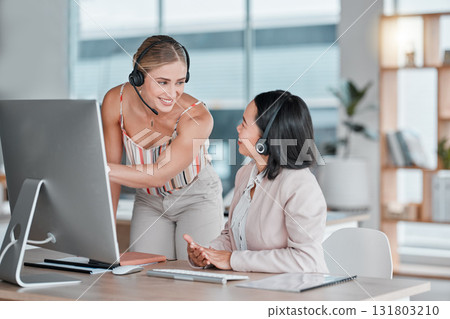 Telemarketing, manager help consultant and conversation for new process, system and schedule. Tech support, women and female employees with client service, talking and discussion in modern office 131803210