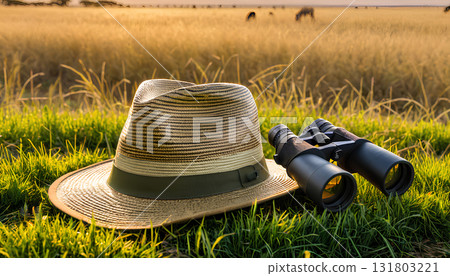 hat and binoculars in the meadow 131803221