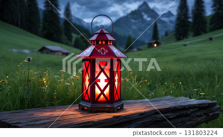 wooden lantern in the mountains 131803224