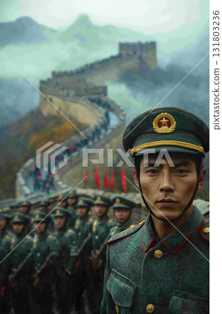 Chinese soldiers stand guard on the Great Wall of China during an ancient warrior garrison 131803236