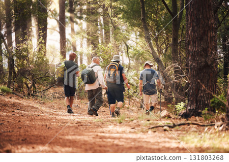 Hiking, fitness and group of friends on mountain for adventure, freedom and healthy lifestyle on forest trail. Travel, retirement and senior hikers walking for exercise, trekking and cardio wellness 131803268