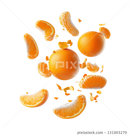 Several fresh oranges and segmented fruit pieces float on transparent background 131803270
