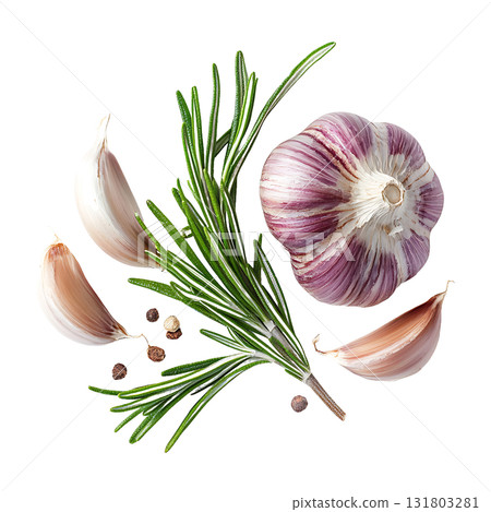 Fresh garlic bulb, garlic cloves, rosemary sprigs, and peppercorns compose a vibrant still life on transparent background Fresh garlic bulb, garlic cloves, rosemary sprigs, and peppercorns compose a vibrant still life on transparent background 131803281