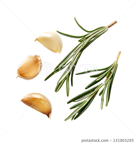 Closeup of fresh garlic cloves and rosemary sprigs arranged artfully on transparent background 131803285