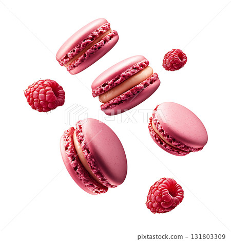Pink macarons and raspberries are floating together beautifully on transparent background Pink macarons and raspberries are floating together beautifully on transparent background 131803309