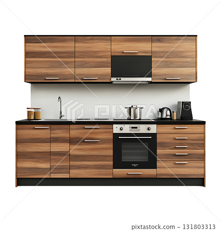 Modern kitchen with wood grain cabinets on transparent background 131803313