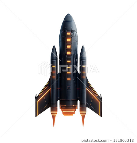 Detailed rocket ascends with bright orange accents and propulsion glow on transparent background 131803318