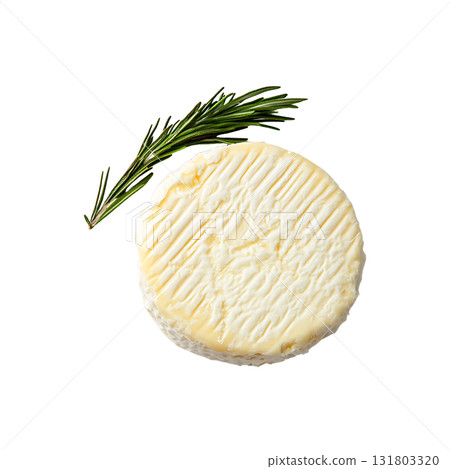 A camembert cheese sits next to a sprig of rosemary on transparent background 131803320
