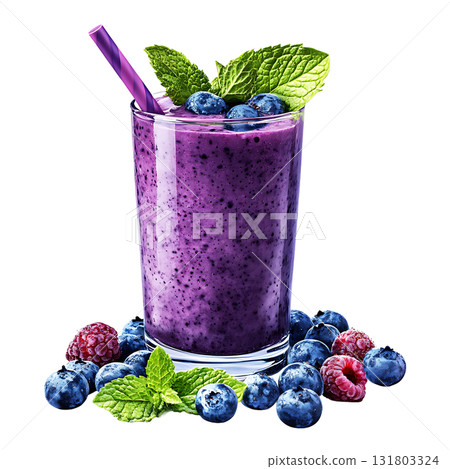 A glass of fresh blueberry raspberry smoothie with mint leaves on transparent background 131803324