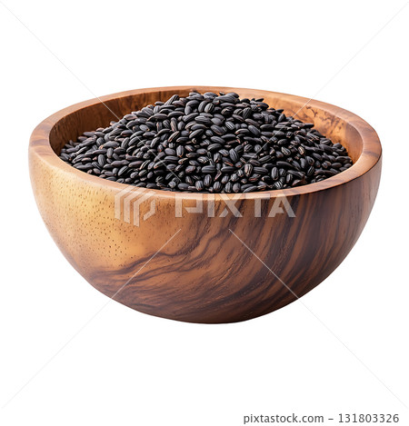 A polished wooden bowl filled to the brim with uncooked black rice on transparent background 131803326