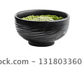 Black Ceramic Matcha Bowl with Green Tea Powder on White Background 131803360