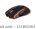 Black Gaming Mouse with Red LED Accents Isolated on White Background 131803361