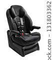 Black Leather Child Car Seat with Harness Safety on Isolated White Background 131803362