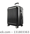 Black rolling suitcase with handle, telescopic bar, and wheels on white background 131803363