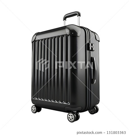 Black rolling suitcase with handle, telescopic bar, and wheels on white background 131803363