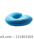Blue textured memory foam Ushaped pillow is displayed in a detailed studio shot on transparent background 131803369