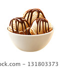 Bowl of vanilla ice cream with chocolate syrup on transparent background 131803373