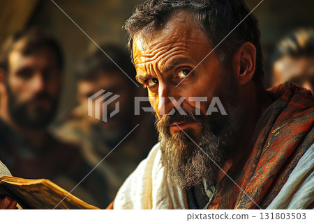 Paul delivers a heartfelt prayer to disciples in a historical setting during ancient times Paul delivers a heartfelt prayer to disciples in a historical setting during ancient times 131803503