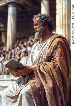 Aristotle presenting philosophical ideas to students in a historical lecture setting Aristotle presenting philosophical ideas to students in a historical lecture setting 131803505