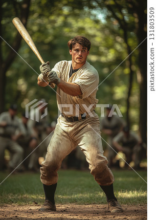 Baseball player prepares to hit a pitch during a sunny afternoon game in a park 131803509