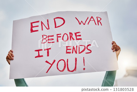 War protest, poster and woman hands rally to stop Ukraine conflict, human rights support or global violence. Student politics banner, city sky and social justice warrior fight for government change War protest, poster and woman hands rally to stop Ukraine conflict, human rights support or global violence. Student politics banner, city sky and social justice warrior fight for government change 131803528