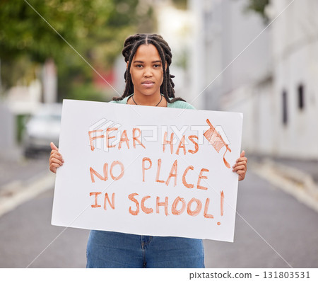 Protest portrait, poster and city student rally for human rights support, USA gun control or stop school shooting. Students banner, global justice and teen black woman march for government law change 131803531