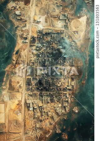 Satellite view of recent military actions in urban area with significant damage Satellite view of recent military actions in urban area with significant damage 131803563