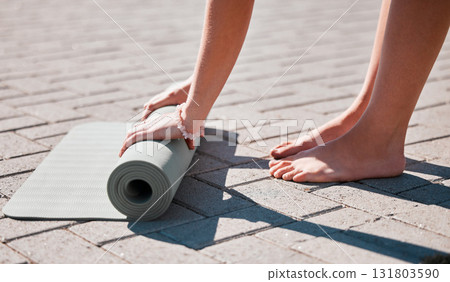 Stretching, roll and feet of woman with yoga mat for pilates, mediation and workout training. Zen, health and motivation with hands of girl on ground ready for mindfulness, relax and wellness 131803590