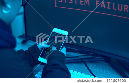 Phone screen, code and hacker hands for cybersecurity, information technology and phishing fail or safety. Hacking, digital criminal or woman with big data intel, internet crime and firewall software 131803600
