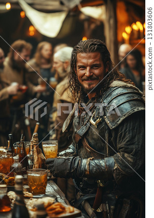 Knights in armor enjoying ale and laughter while gathered around a tavern table Knights in armor enjoying ale and laughter while gathered around a tavern table 131803606