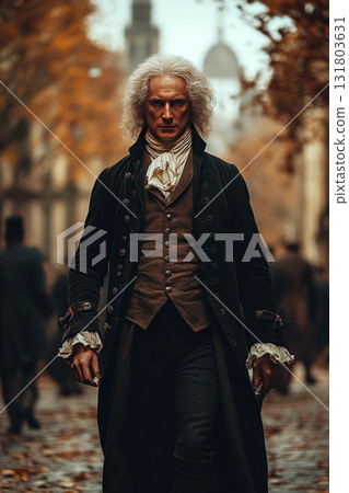 Isaac Newton strolling through the streets of London in the early 1700s 131803631