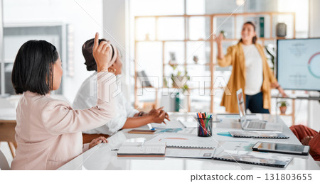 Question, team of women or presentation in business meeting for collaboration, communication or networking. Motivation, strategy or group of employee for SEO brainstorming, creative idea or planning 131803655