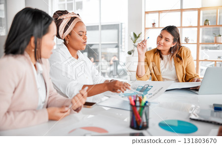 Reading charts, teamwork or business people in meeting for company growth, strategy review or innovation thinking in office. Group of startup women for SEO, schedule or planning calendar research Reading charts, teamwork or business people in meeting for company growth, strategy review or innovation thinking in office. Group of startup women for SEO, schedule or planning calendar research 131803670