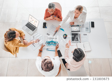Top view, research or business people with documents in meeting for company growth, strategy review or teamwork in office. Group of startup women for SEO, schedule or working on planning KPI agenda 131803673