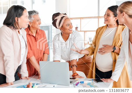Pregnant, business women brainstorming in meeting for company growth, research or strategy review in office. Happy, teamwork or startup employee smile for SEO idea, KPI schedule or planning calendar Pregnant, business women brainstorming in meeting for company growth, research or strategy review in office. Happy, teamwork or startup employee smile for SEO idea, KPI schedule or planning calendar 131803677