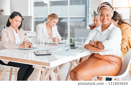 Leadership, smile and portrait of black woman in meeting for project management, strategy and planning. Happy, teamwork and vision with employee in office for creative, diversity and business startup 131803684