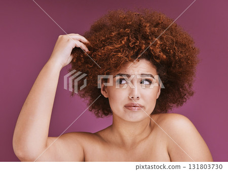 Woman stress, hair loss or afro on beauty studio background in grooming, texture anxiety or fail. Model, hand or natural hairstyle with damage, split ends or frizzy knot on isolated skincare backdrop Woman stress, hair loss or afro on beauty studio background in grooming, texture anxiety or fail. Model, hand or natural hairstyle with damage, split ends or frizzy knot on isolated skincare backdrop 131803730