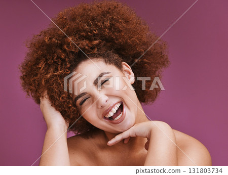 Happy woman, portrait and afro hairstyle on isolated purple background in comic emoji, laughing or silly facial expression. Beauty model, funny face or natural hair growth on skincare studio backdrop Happy woman, portrait and afro hairstyle on isolated purple background in comic emoji, laughing or silly facial expression. Beauty model, funny face or natural hair growth on skincare studio backdrop 131803734