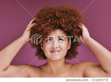 Model stress, hair loss or afro on beauty studio background in grooming, texture anxiety or fail. Woman, hand or natural hairstyle with damage, split ends or frizzy knot on isolated skincare backdrop Model stress, hair loss or afro on beauty studio background in grooming, texture anxiety or fail. Woman, hand or natural hairstyle with damage, split ends or frizzy knot on isolated skincare backdrop 131803735