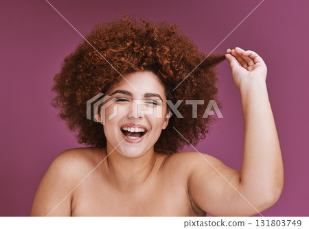 Woman, portrait or hair growth afro on isolated purple background in plus size success, curly progress or salon target goals. Smile, happy or beauty with natural hairstyle texture on skincare studio Woman, portrait or hair growth afro on isolated purple background in plus size success, curly progress or salon target goals. Smile, happy or beauty with natural hairstyle texture on skincare studio 131803749