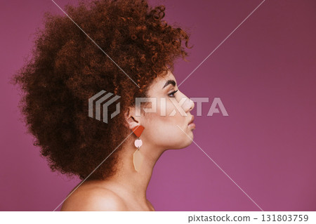 Model, profile or afro hairstyle on isolated purple background in empowerment, curly maintenance or skincare salon promotion. Beauty woman, natural or hair growth texture on cosmetics studio mock up Model, profile or afro hairstyle on isolated purple background in empowerment, curly maintenance or skincare salon promotion. Beauty woman, natural or hair growth texture on cosmetics studio mock up 131803759