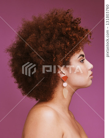 Woman, profile or afro hairstyle on isolated purple background in empowerment, curly maintenance or skincare salon promotion. Beauty model, natural or hair growth texture on cosmetics studio backdrop 131803760