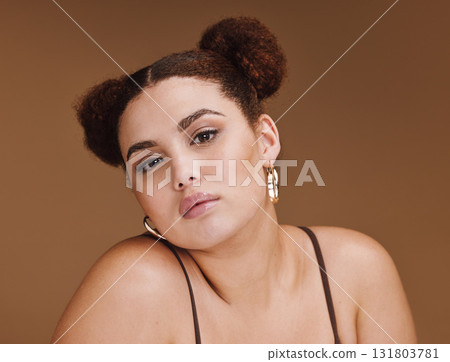 Black woman, beauty portrait and skincare on background of aesthetic facial, cosmetics and studio face. Young gen z model, curly hair and style for dermatology, wellness or laser salon transformation 131803781