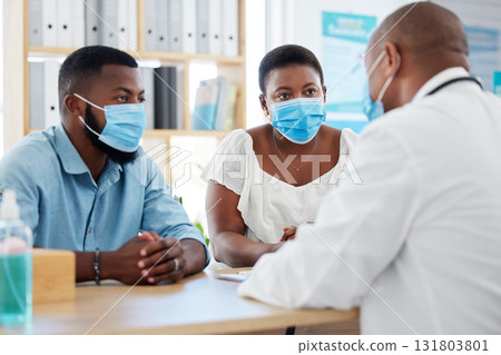 Covid, healthcare and doctor consulting a married couple in a hospital for insurance or treatment. Medical, health or trust with a medicine professional talking to a man and woman in a clinic Covid, healthcare and doctor consulting a married couple in a hospital for insurance or treatment. Medical, health or trust with a medicine professional talking to a man and woman in a clinic 131803801