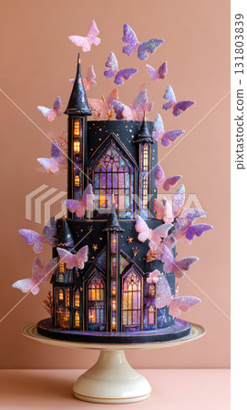 Haunted castle cake decorated with bats. 131803839